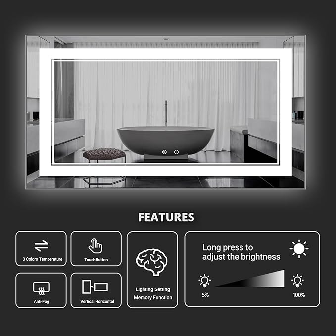 55" x 30" LED Bathroom Mirror Wall-Mounted Vanity Mirror with Anti Fog,Dimmable Waterproof Smart Touch Button Makeup Mirror with Lights Vertical & Horizontal