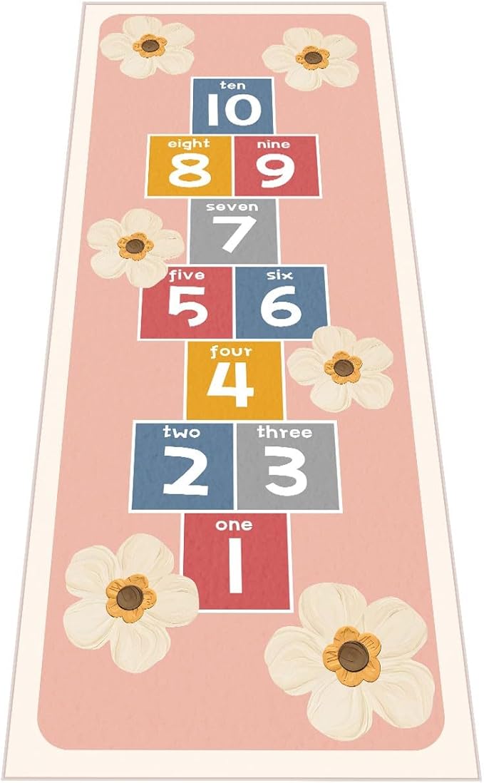 Hopscotch Rug for Kids - Non-Slip Indoor Play Mat for Boys & Girls 0-12, Classroom Rug for Kindergarten, Bedroom, Playroom(Pink, 2.6×4ft)