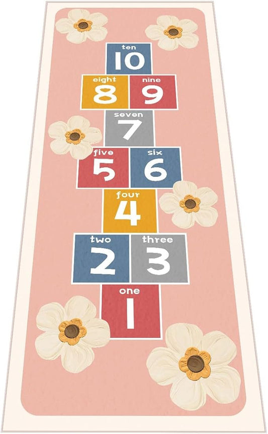 Hopscotch Rug for Kids - Non-Slip Indoor Play Mat for Boys & Girls 0-12, Classroom Rug for Kindergarten, Bedroom, Playroom(Pink, 2.6×4ft)