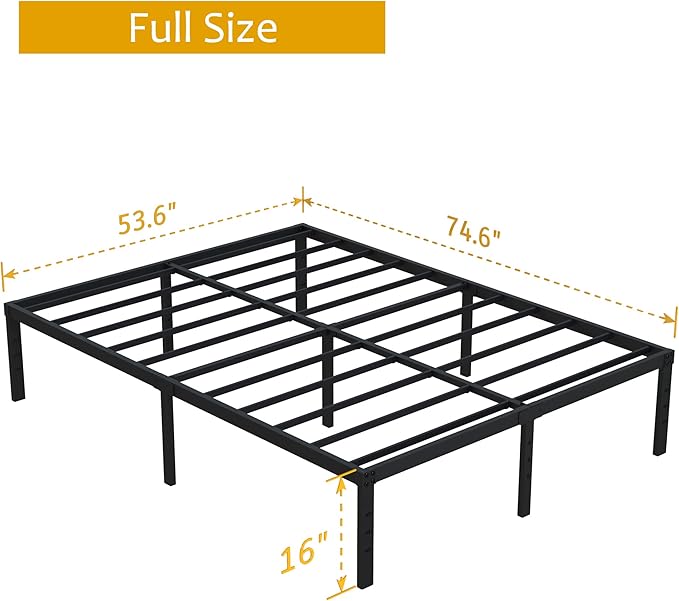 Full Size Bed Frame No Box Spring Needed, 16 Inch Heavy Duty Metal Platform Bed Frame Full Support Up to 3000 lbs, Easy Assembly, Noise Free, Black