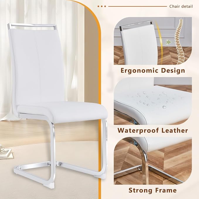 63'' Glass Dining Table Set for 4, Kitchen Table Chairs Set of 4, Clear Glass Dining Table with White unique design Leg and Silver Metal Base, 4 PU Dining Chairs with Metal Legs, Living Room, Kitchen.