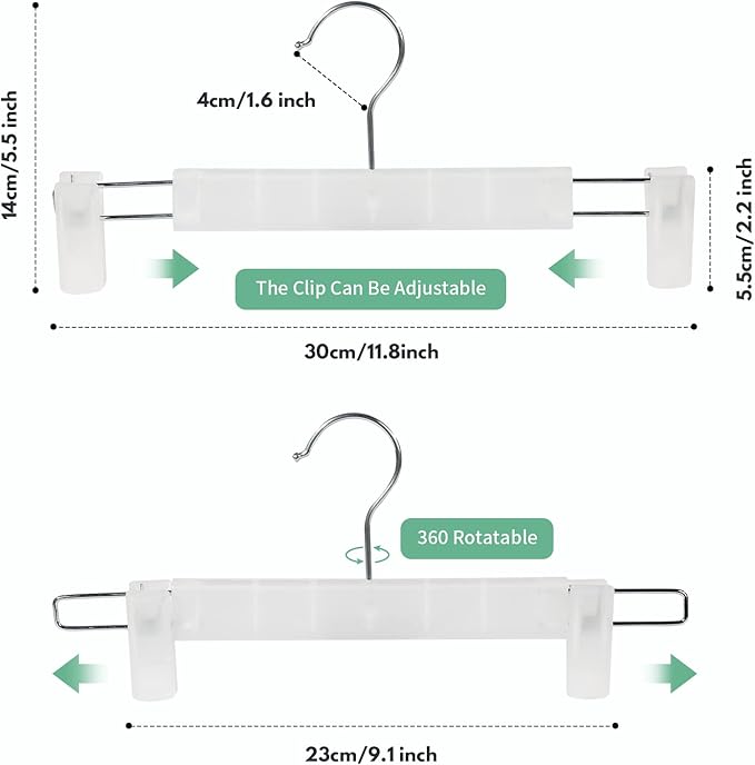 Skirt Hangers，Pants Hangers with Clips，360 ° Swivel Hooks Space Saving Hangers for Pants, Skirts, Clothes, Jeans (20Pack, Translucent)