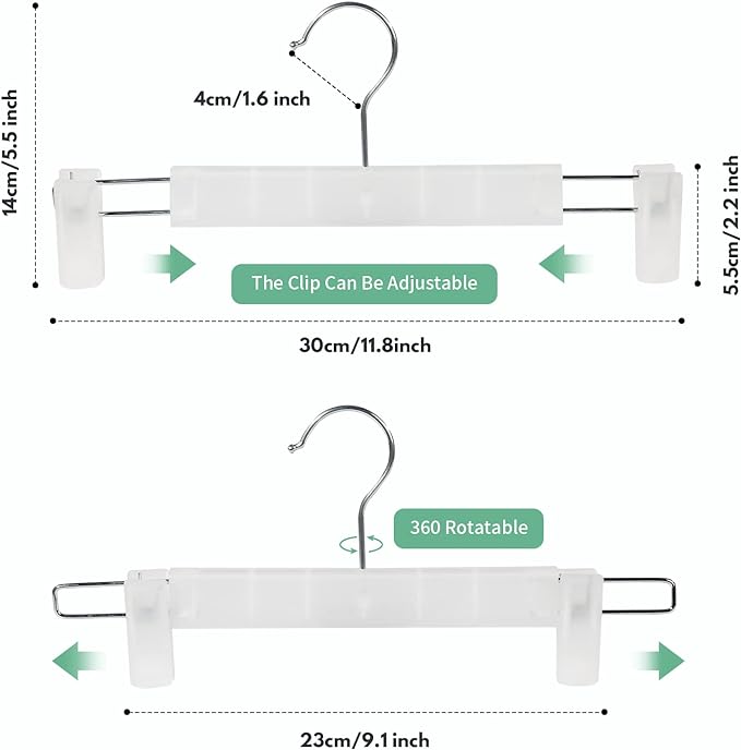 Skirt Hangers，Pants Hangers with Clips，360 ° Swivel Hooks Space Saving Hangers for Pants, Skirts, Clothes, Jeans (10Pack, Translucent)