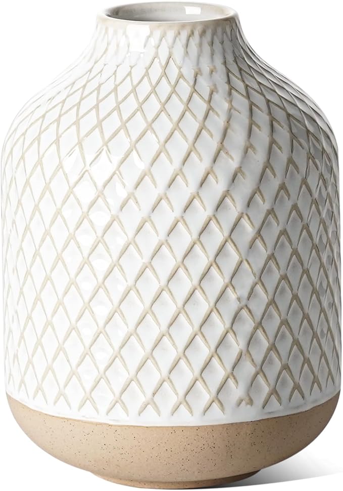 Small Boho Vase for Decor,Rustic Farmhouse Vase for Pampas Grass,Eucalyptus Set and Tiny Stem Flowers,Ceramic Vintage for Centerpieces, 5.3 Inch -Rhombus, Embossment