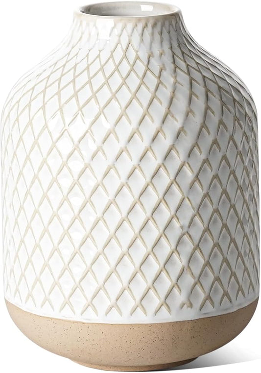 Small Boho Vase for Decor,Rustic Farmhouse Vase for Pampas Grass,Eucalyptus Set and Tiny Stem Flowers,Ceramic Vintage for Centerpieces, 5.3 Inch -Rhombus, Embossment