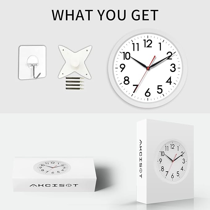 AKCISOT Wall Clock Silent Non Ticking Modern Wall Clocks Battery Operated 10 Inch, Analog Small Classic Clock Decorative for Bedroom, Kitchen, Home Office, Bathroom, School, Living Room (White)