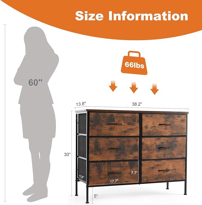 Sweetcrispy 6 Drawer Dresser for Bedroom, Fabric Chest of Drawers Dressers, Storage Tower Unit with Fabric Bins, Bedroom Dresser for Closet, Living Room, Hallway, Wood Top, Steel Frame, Brown