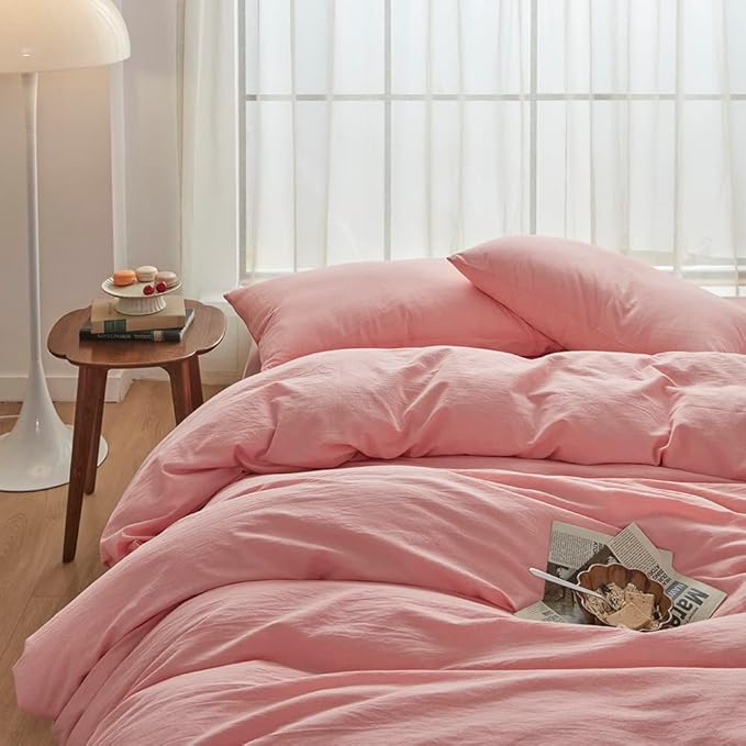 FACE TWO FACE Bedding Duvet Cover Set100% Washed Cotton Duvet Cover Linen Like Textured Breathable Durable Soft Comfy (Twin, Light Pink)
