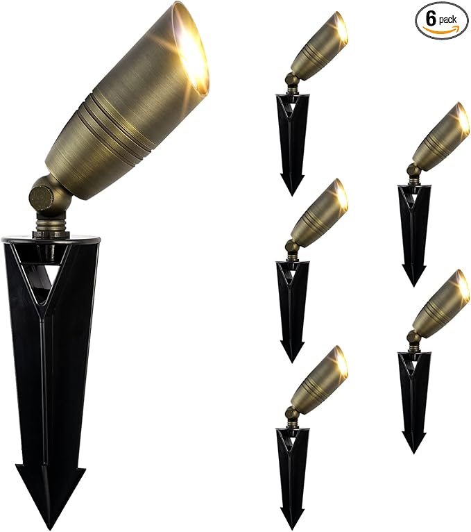 Solid Brass Landscape Spotlight 12V Low Voltage Waterproof Outdoor Lights 6 Packs with Ground Spike for Yard Garden Patio Walkway Driveway Porch