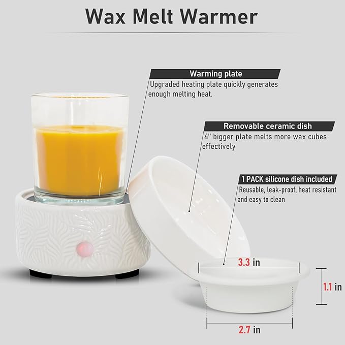 Candle Wax Melts Warmer Burner - Ceramic Essential Oil Burner Warmer with 1 pc Silicone Dish 3-in-1 Fragrance Melter for Scented Wax Tart Cube Aromatherapy Home Office Bedroom Decor Gifts