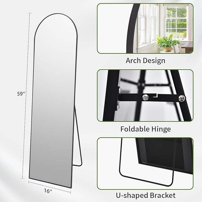 BEAUTYPEAK Arch Mirror Full Length, 59"x16" Wall Mirrors, Full Body Floor Mirror Aluminum Alloy Frame, Suitable for Bedroom, Dressing Room, Black