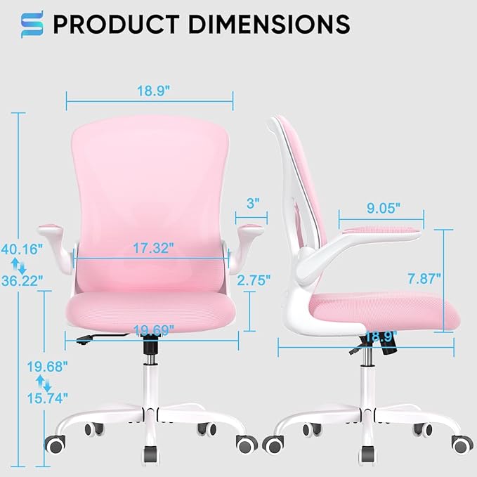 Sytas Ergonomic Desk Chair with Padded Flip up Arms and Supportive Lumbar Support, Breathable Mesh Home Office Chair with Comfortable Cushion for Home or Office(Pink)