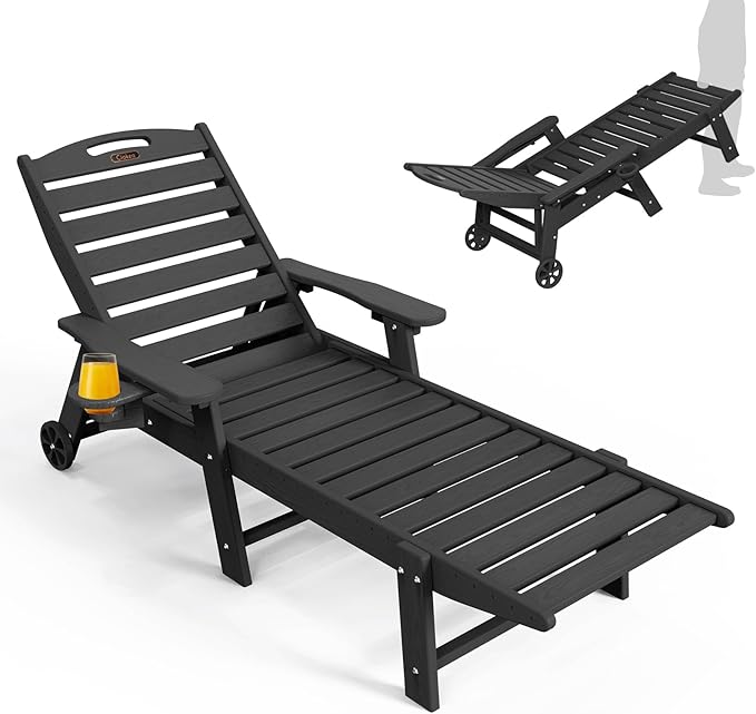 Lounge Chair Outdoor, Oversized Chaise Lounge Chair with 5 Positions, HDPE, Patio Lounge Chair with Wheels & Cup Holder for Pool, Deck, Poolside, Black