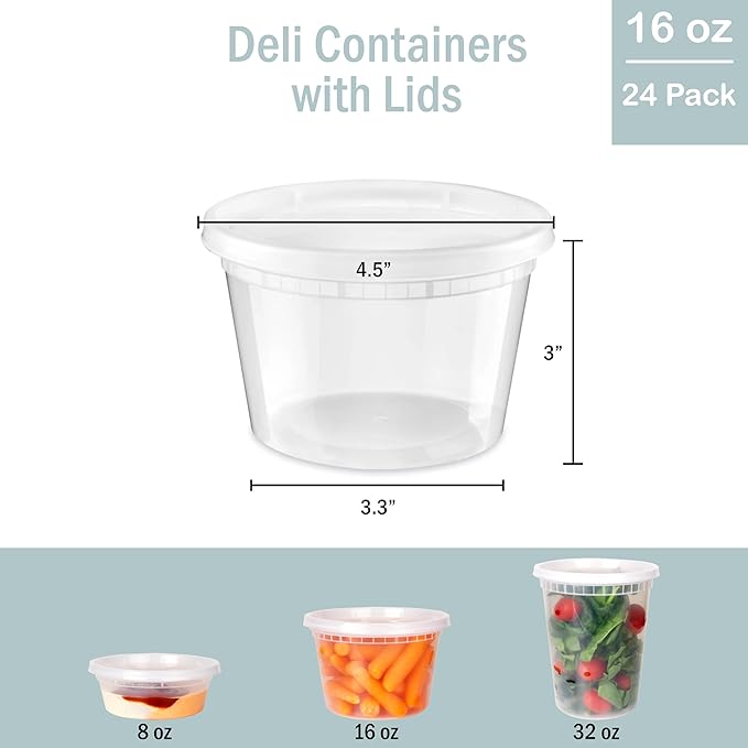 Deli Containers with Lids 16 oz. [24 Sets] Plastic Deli Cups Soup Containers with lids, To Go Food Containers