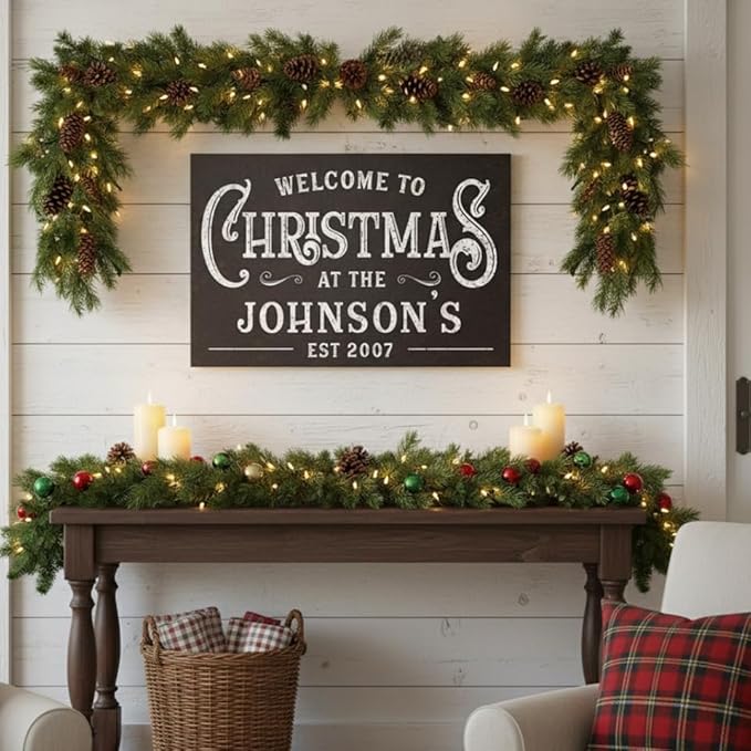 Milweb1 Personalized Family Name Welcome To Christmas/Rustic Vintage Farmhouse Holiday Decor Canvas Sign Holiday Decorations Wall Decor Print (8"x10")