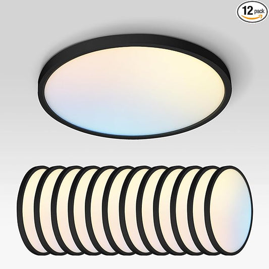 ASD LED 12" Round Flush Mount Ceiling Light Fixture, Low Profile Surface Lighting | 5CCT, Dimmable, Ultra-Thin, ETL Listed | 24W 2000LM 2700-6000K 100-277V | Kitchen, Hallway Lamp | Black, 12 Pack