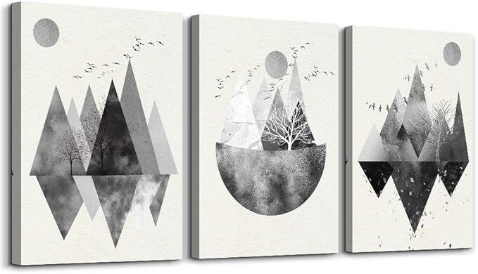 Black and white Abstract canvas Wall Art for living room Canvas Prints Artwork bathroom Wall Decor Abstract Mountain geometric Watercolor painting 3 Pieces Framed bedroom wall decorations Home Decor