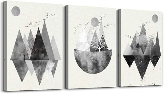Black and white Abstract canvas Wall Art for living room Canvas Prints Artwork bathroom Wall Decor Abstract Mountain geometric Watercolor painting 3 Pieces Framed bedroom wall decorations Home Decor