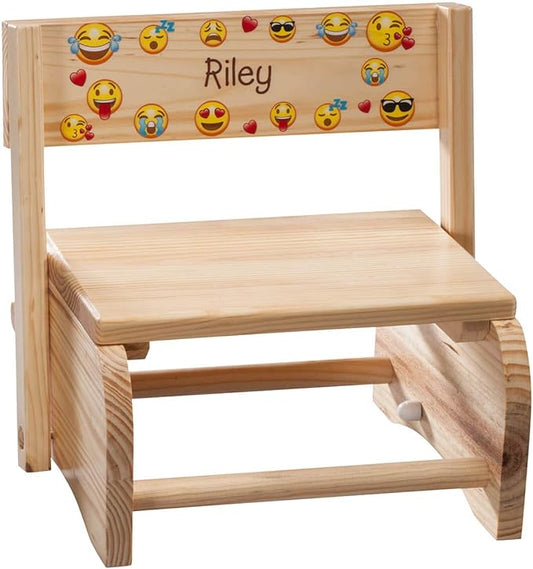 Custom 2-in-1 Children's Step Stool and Chair, Customized with Kid’s Name, Emoji Design