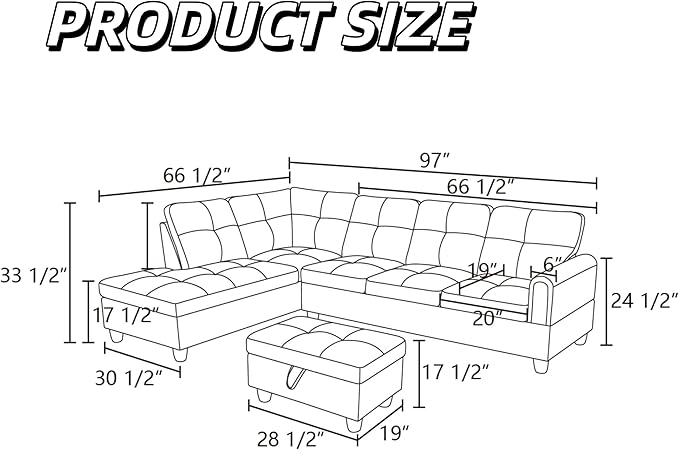 L-Shaped Sectional Sofa with Movable Chaise & Storage Ottoman, Lounge 3-Piece Modular Convertible Couches for Living Room, Apartment & Office, Black