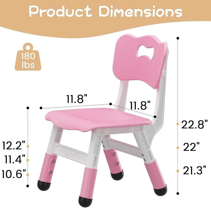 GAOMON Kids Chair, 3 Level Height Adjustable Kid Chair, Plastic Toddler Chairs for Children Boys Girls Age 2-6, Suitable for Home Family Classroom Nursery Indoor Use (2 Pack, Pink)