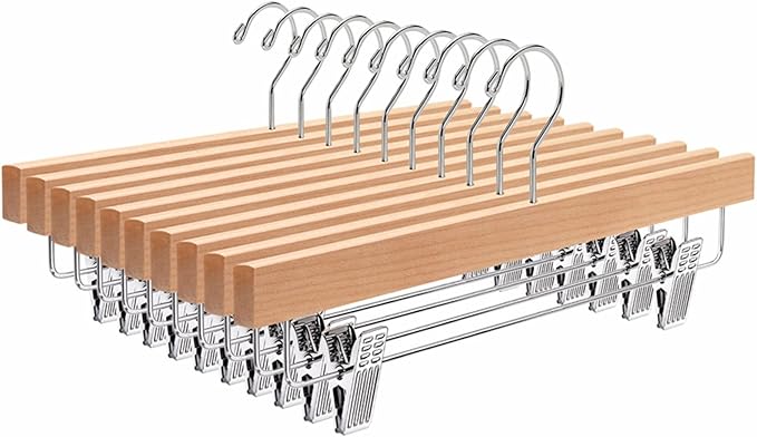 Amber Home 10 Pack Natural Wooden Pants Hangers with Clips, Wood Skirt Hangers Trouser Hangers for Jeans, Slacks, Shorts with 2-Adjustable Clips