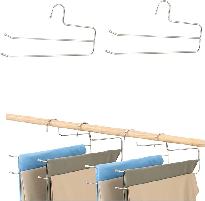 Pants Hangers Space Saving,6 Pack 2 Layers Trouser Hanger Multifunctional 5.0 mm Stainless Steel Jeans Rack for Wardrobe Trousers Scarf Jeans Silver