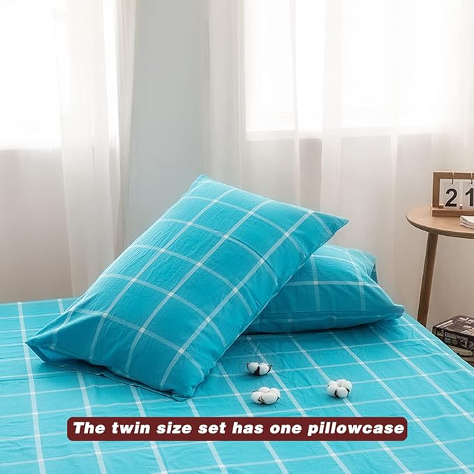 FACE TWO FACE Bedding Duvet Cover Set100% Washed Cotton Duvet Cover Linen Like Textured Breathable Durable Soft Comfy(Twin, Turquoise Grid)