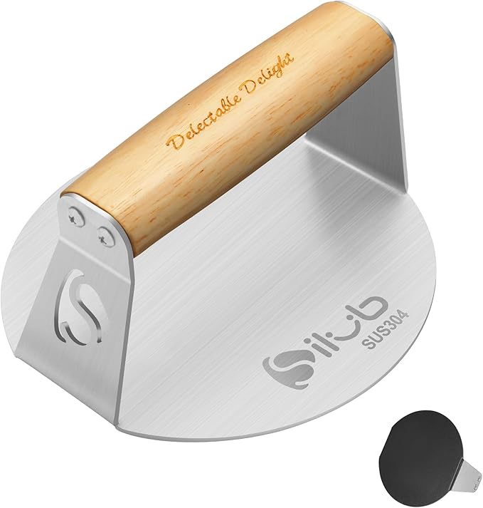 Smash Burger Press,304 Stainless Steel 6.0 Inches Round Hamburger Smasher with Anti Scald Wood Handle, Non-Stick Burger Press Perfect for Flat Top Griddle Grill Cooking (6'' Coated Press)