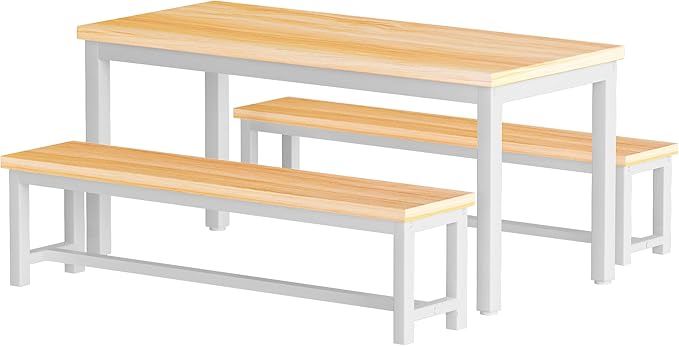 AWQM 43.3" Dining Table Set for 4, Kitchen Dining Table with 2 Benches, Dining Room Table Set with Metal Frame & Thickened Board for Kitchen, Restaurant, Oak