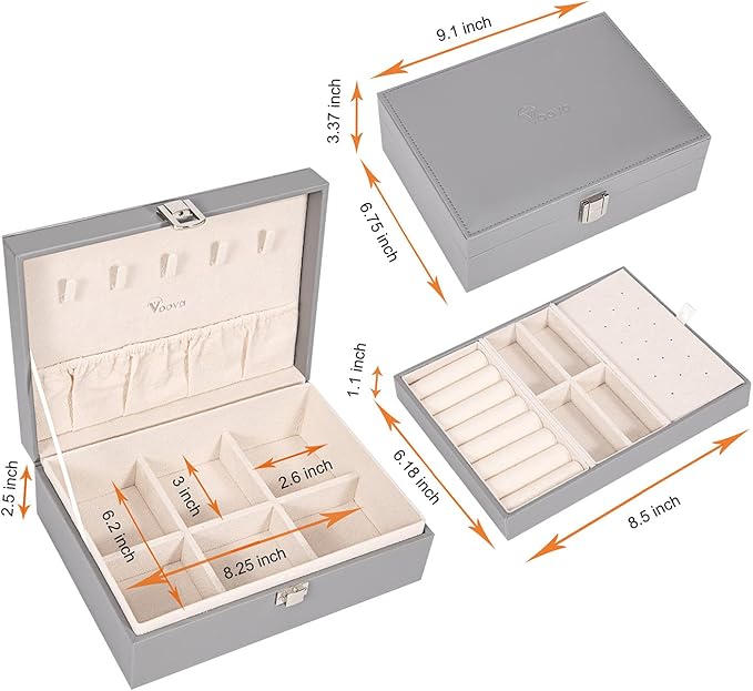Voova Jewelry Box Organizer for Women Girls, 2 Layer Large Men Storage Case, PU Leather Display Jewellery Holder with Removable Tray for Necklace Earrings Rings Bracelets, Vintage Gift,Grey
