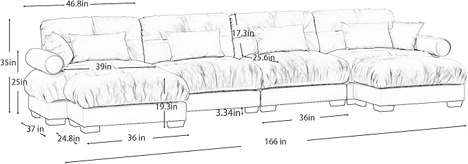 Ball & Cast 166" U Shaped Couch Sectional Couch,4 Seater Modular Couchs with Round Bolster Armrest,6 Pillows,Waist Pillows,Modern Corner Sofa w/ 2 Removable Ottomans,for Living Room,Camel