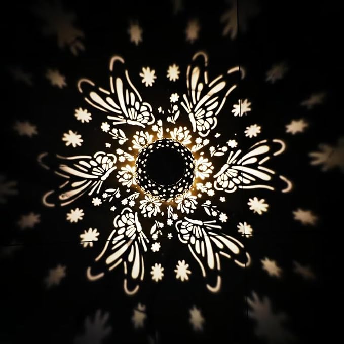 Outdoor Solar Hanging Lantern Lights Metal LED Decorative Lamp for Garden Patio Courtyard Lawn and Table with Hollowed-Out Design (Bronze Butterfly)