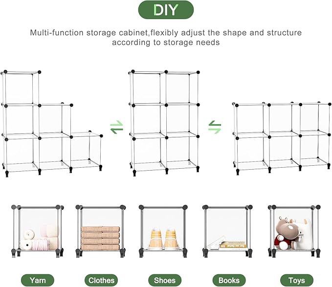 Neprock Closet Organizer, 6 Cube Closet Organizers and Storage, Portable Closet Storage Shelves for Yarn,Books,Clothes(Transparent White)