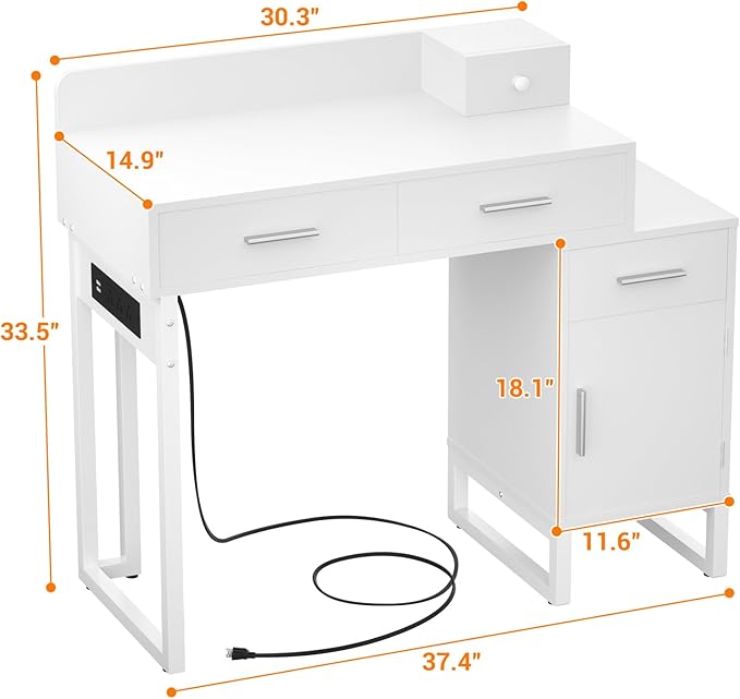 Vanity Desk with 4 Storage Drawers - Modern Makeup Vanity Table with Charging Station, White Vanity Desk with Reversible Cabinet Dressing Table Set with Divided Organizers for Women Girls, White