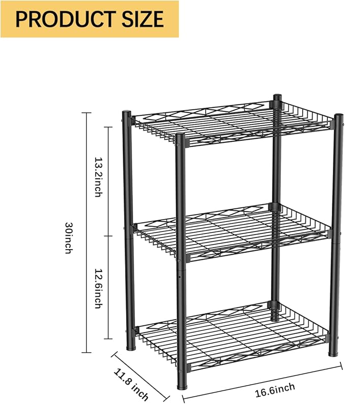 VETALLO 3 Tier Wire Shelf,Metal Shelving Unit Storage Shelves Rack, Utility Small Slim Stable Organizer for Home Kitchen,Garage,Pantry,Closet,Laundry,Bathroom(16.6" L x 11.8" W x 30" H)