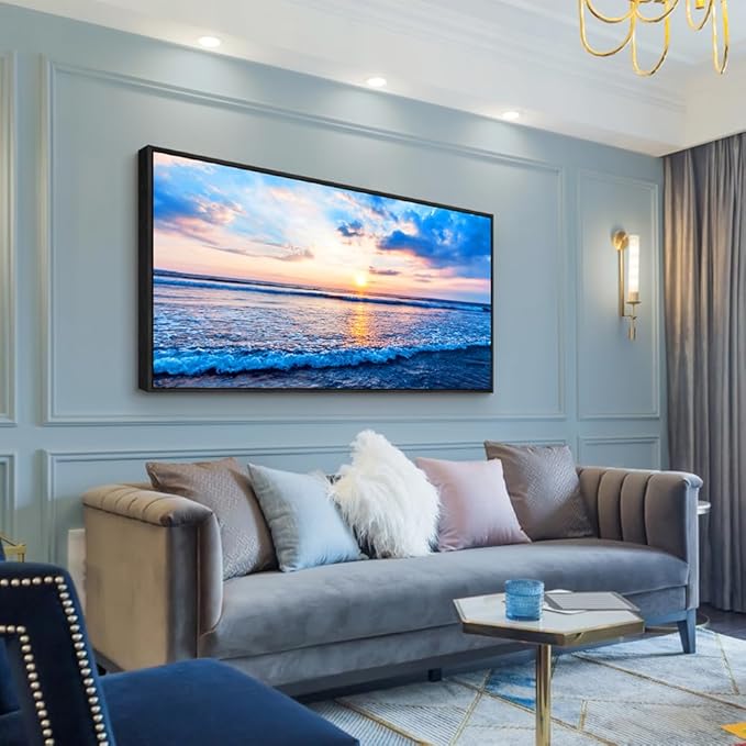 Wapluam Large Canvas Prints Wall Art For Living Room Office Wall Decor Blue Beach Sea Waves Landscape Wall Painting Bedroom Home Decorations Pictures Ready To Hang Wall Mural Black Framed Artwork