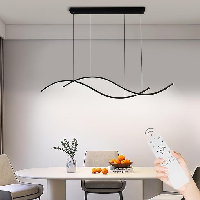 Modern Led Pendant Light, Dimmable Black Led Chandelier for Dining Room Light Fixture Over Table Creative Wave Pendant Light for Kitchen Island, Dining Room, Bedroom