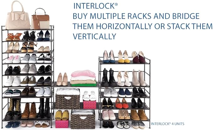 Seville Classics Sturdy Freestanding Storage Shelf for Bedroom, Closet, Entryway, Dorm Room Organizer Stackable Durable Metal Shoe Rack Espresso Slat, 3-Tier (NEW MODEL)