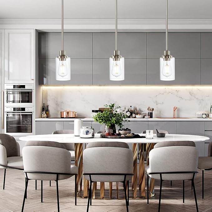 Modern Clear Glass Pendant Light in Brushed Nickel, Single Hanging Pendant Lighting for Farmhouse Entryway Dining Room Kitchen Island Foyer
