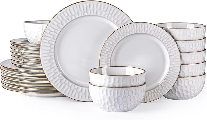 GBHOME Ceramic Dinnerware Sets, 24 pcs Embossed Elegant Stoneware Plates and Bowls Sets, Housewarming Wedding Gift | Dishwasher & Microwave Safe | Dishes Set Service for 8