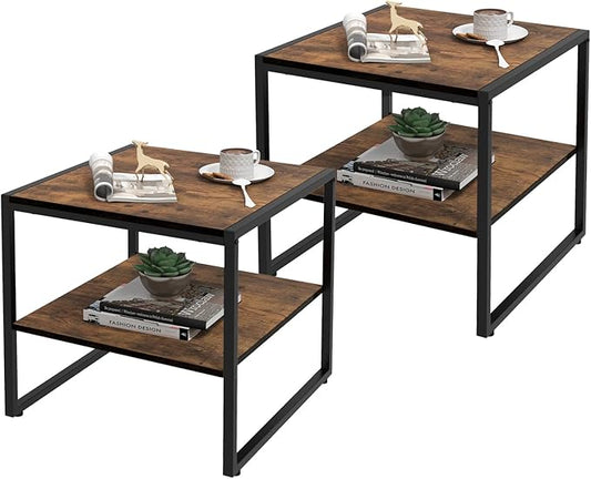 GOFLAME Square End Table Set of 2, 2-Tier Sofa Side Table with Open Shelf, Metal Frame, Industrial Tea Table, Compact Nightstand for Small Space, Bedside Table for Living Room, Bedroom, Rustic Brown