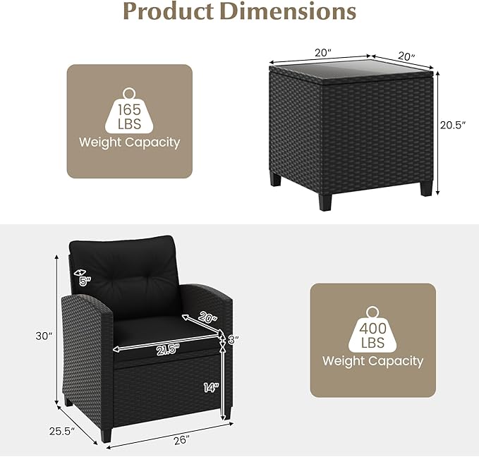 RELAX4LIFE 3-Piece Patio Furniture Set - Wicker Rattan Bistro Sofa Set with Glass Top Coffee Table, Washable Cushions for Porch, Balcony, Backyard, Poolside, Outdoor Conversation Set (Black)