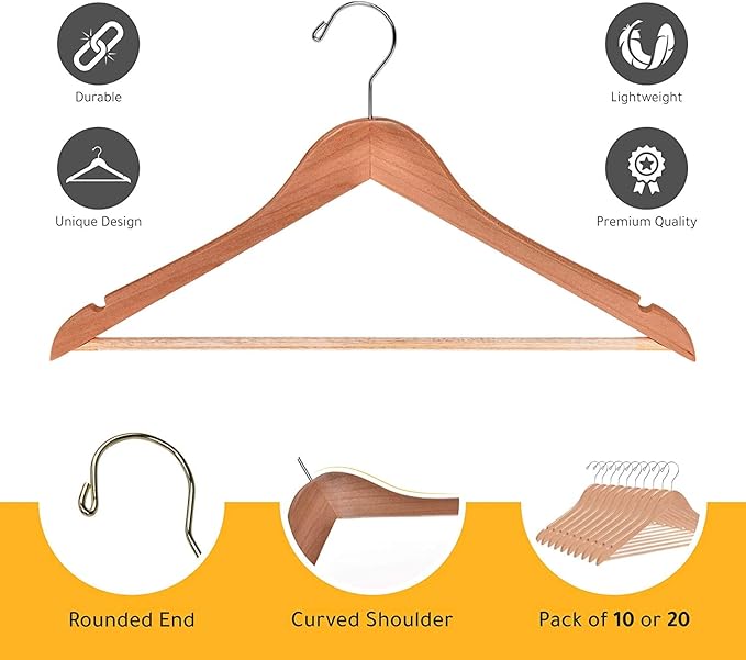 Quality Wooden Hangers - Slightly Curved Hanger Set - Solid Wood Coat Hangers with Stylish Chrome Hooks - Heavy-Duty Clothes, Jacket, Shirt, Pants, Suit Hangers (Natural, 10)
