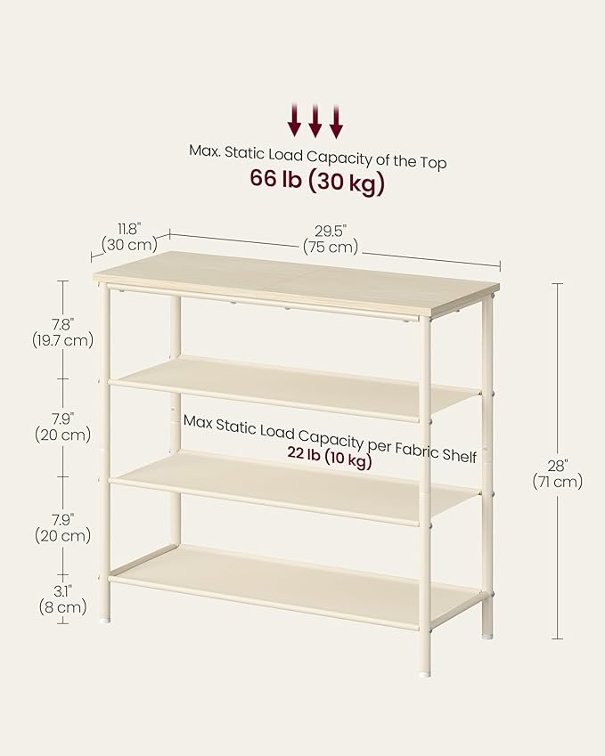VASAGLE Shoe Rack, 4-Tier Shoe Storage Organizer for Entryway and Closet, Holds 9-12 Pairs of Shoes, 3 Fabric Shelves, Steel Frame, Modern, Natural Beige and Pearl White ULBS035K01
