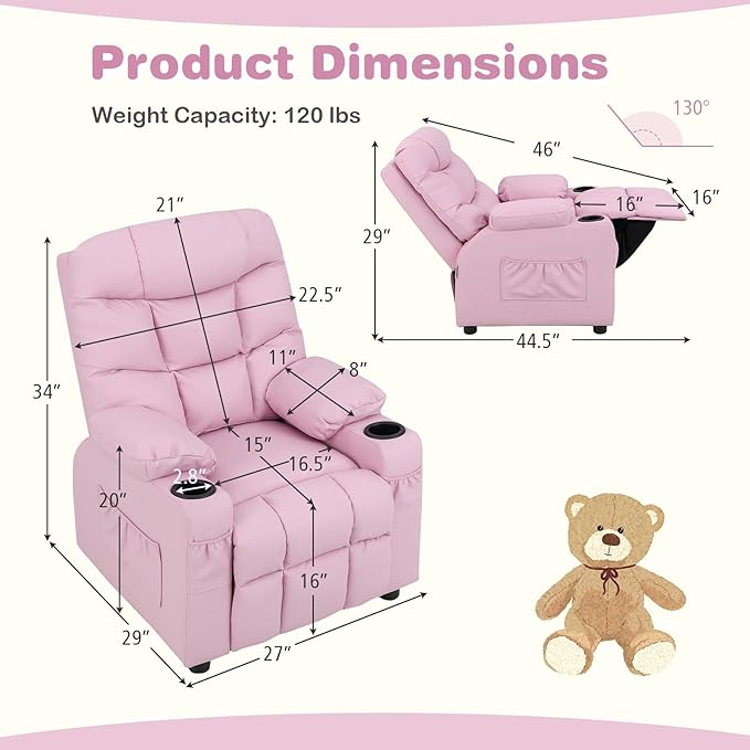 Costzon Kids Recliner Chair with Cup Holder, Adjustable Lounge Chair w/Footrest & Side Pockets for Children Boys Girls Room, Ergonomic Toddler Furniture Sofa, Kids Pink Recliner (Pink)