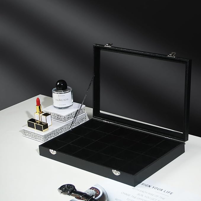 Coward Jewelry Organizer Box, Black Velvet 24 Grids Ring Earring Jewelry Display Tray Case with Transparent Glass Lid for Home Drawer or Shop Selling