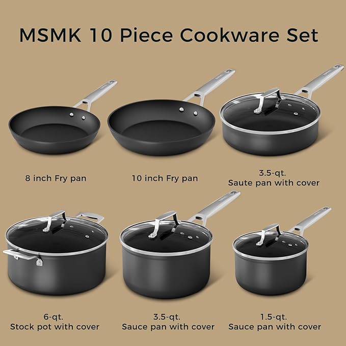 MsMk 10-Piece Pots and Pans Set non stick, Cookware Sets for building a starter kitchen or refreshing, Even Heating, Easy Clean-Up, Comfortable Handling, Induction Compatibility