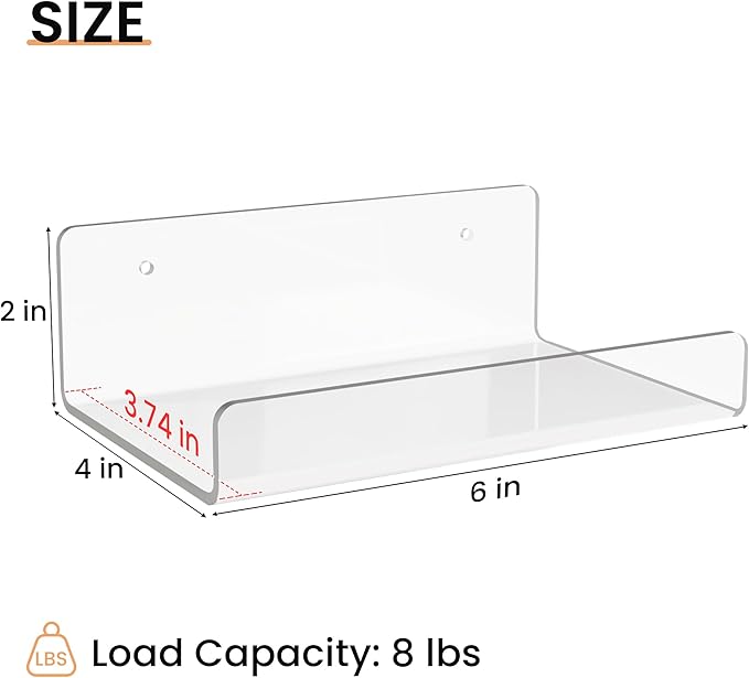 upsimples 6 Pack 6'' x 4'' Acrylic Small Shelves, Floating Shelves for Wall, Display Shelf Organizer for Plants, Speaker, Radio, Toys, Clear