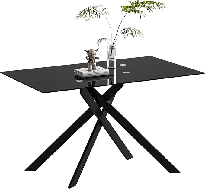 Rectangular Glass Dining Table, Tempered Glass Tabletop and Metal Legs, Modern Style Glass Kitchen Table for Home, Kitchen, Dining Room (Black, 52'')
